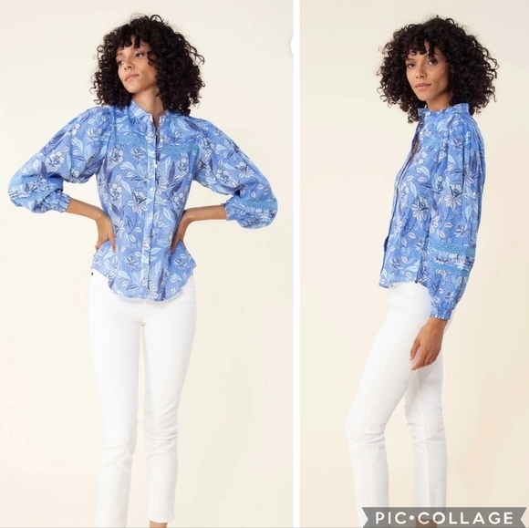 Hale Bob Tops - Hale Bob Women's Angelina Linen‎ Top Size M Periwinkle Blue Floral Euro Summer